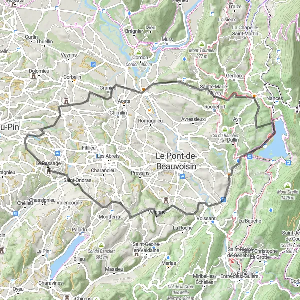 Karttaminiaatyyri "Saint-Didier-de-la-Tour - Lac d'Aiguebelette Scenic Route" pyöräilyinspiraatiosta alueella Rhône-Alpes, France. Luotu Tarmacs.app pyöräilyreittisuunnittelijalla