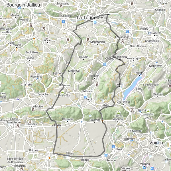 Kartminiatyr av "Landsväg till La Tour-du-Pin" cykelinspiration i Rhône-Alpes, France. Genererad av Tarmacs.app cykelruttplanerare