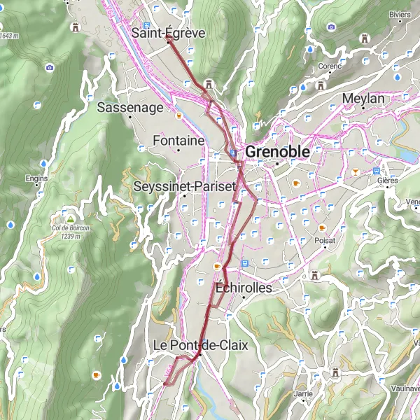 Miniatura della mappa di ispirazione al ciclismo "Giro in gravel da Saint-Égrève: Montagne de Grand Rochefort e Caserne de Bonne" nella regione di Rhône-Alpes, France. Generata da Tarmacs.app, pianificatore di rotte ciclistiche