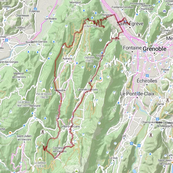 Zemljevid v pomanjšavi "Ekstremno gravel kolesarjenje v bližini Saint-Égrève" kolesarske inspiracije v Rhône-Alpes, France. Generirano z načrtovalcem kolesarskih poti Tarmacs.app