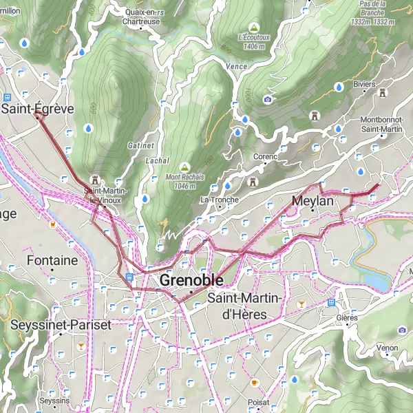 Zemljevid v pomanjšavi "Gravel kolesarjenje blizu Saint-Égrève" kolesarske inspiracije v Rhône-Alpes, France. Generirano z načrtovalcem kolesarskih poti Tarmacs.app