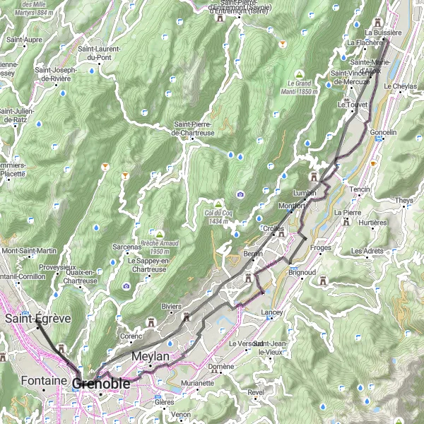 Mapa miniatúra "Okruh z Grenoble cez Mont Jalla" cyklistická inšpirácia v Rhône-Alpes, France. Vygenerované cyklistickým plánovačom trás Tarmacs.app