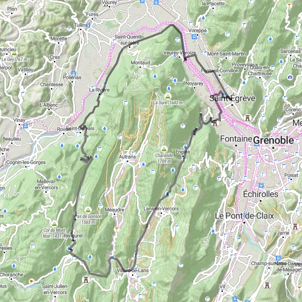 Map miniature of "Villages and Valleys" cycling inspiration in Rhône-Alpes, France. Generated by Tarmacs.app cycling route planner