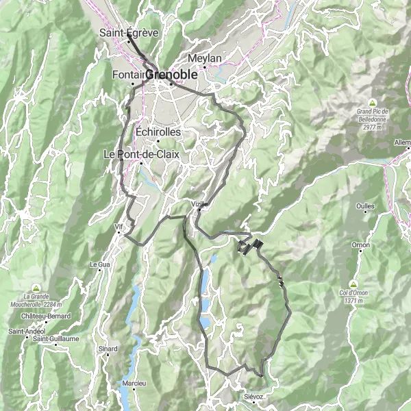 Miniaturní mapa "Výzva kolem Grenoblu a Vizille" inspirace pro cyklisty v oblasti Rhône-Alpes, France. Vytvořeno pomocí plánovače tras Tarmacs.app