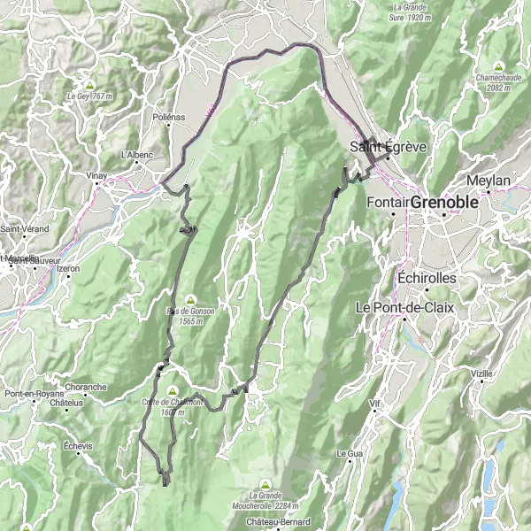 Miniatura della mappa di ispirazione al ciclismo "Esplorazione in bicicletta delle montagne vicino a Saint-Égrève" nella regione di Rhône-Alpes, France. Generata da Tarmacs.app, pianificatore di rotte ciclistiche