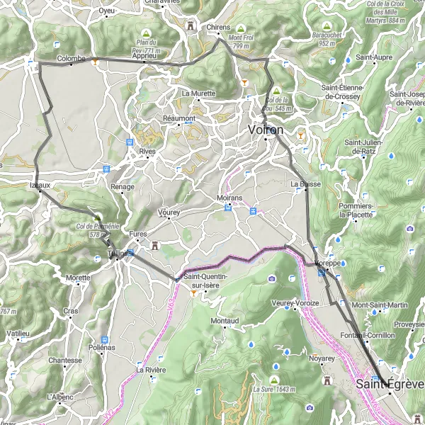 Mapa miniatúra "Challenging road cycling route through Col de Parménie" cyklistická inšpirácia v Rhône-Alpes, France. Vygenerované cyklistickým plánovačom trás Tarmacs.app