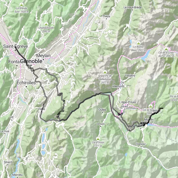 Miniaturní mapa "Výlet do přírody a historie" inspirace pro cyklisty v oblasti Rhône-Alpes, France. Vytvořeno pomocí plánovače tras Tarmacs.app