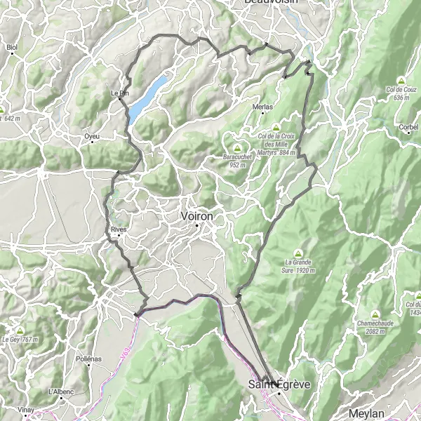 Zemljevid v pomanjšavi "Tura skozi zgodovinske in naravne znamenitosti" kolesarske inspiracije v Rhône-Alpes, France. Generirano z načrtovalcem kolesarskih poti Tarmacs.app