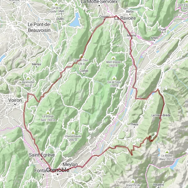 Zemljevid v pomanjšavi "Pustolovščina po makadamski poti s čudovitimi razgledi" kolesarske inspiracije v Rhône-Alpes, France. Generirano z načrtovalcem kolesarskih poti Tarmacs.app
