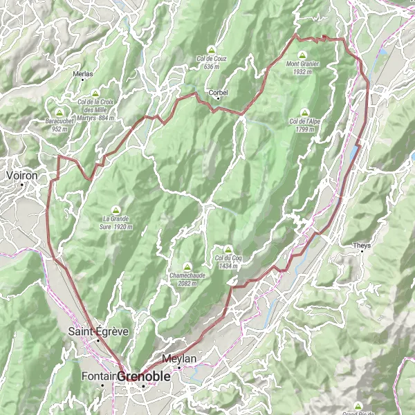 Miniature de la carte de l'inspiration cycliste "Boucle des Graviers de Saint-Étienne-de-Crossey" dans la Rhône-Alpes, France. Générée par le planificateur d'itinéraire cycliste Tarmacs.app