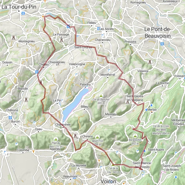Miniature de la carte de l'inspiration cycliste "L'Exploration des Chemins de Gravel" dans la Rhône-Alpes, France. Générée par le planificateur d'itinéraire cycliste Tarmacs.app