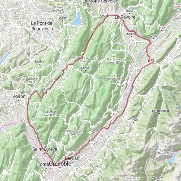 Zemljevid v pomanjšavi "Gravel route around Saint-Étienne-de-Crossey" kolesarske inspiracije v Rhône-Alpes, France. Generirano z načrtovalcem kolesarskih poti Tarmacs.app