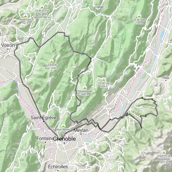 Miniatua del mapa de inspiración ciclista "Tour de los Alpes franceses" en Rhône-Alpes, France. Generado por Tarmacs.app planificador de rutas ciclistas