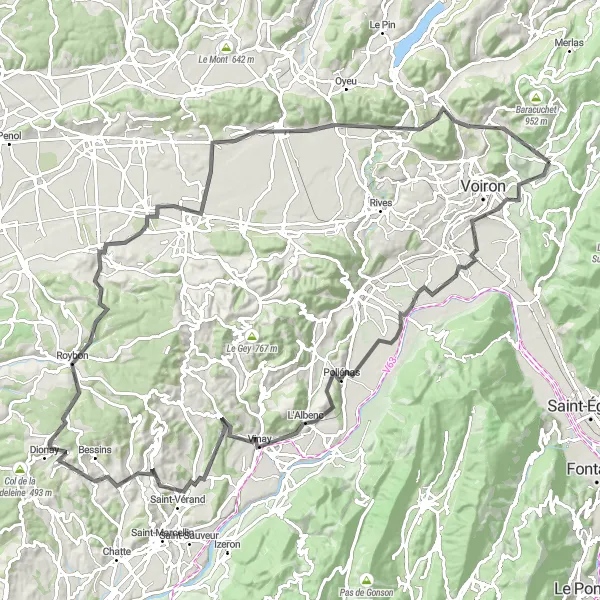 Miniatua del mapa de inspiración ciclista "Ruta de ciclismo de carretera con paisajes impresionantes" en Rhône-Alpes, France. Generado por Tarmacs.app planificador de rutas ciclistas