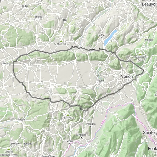 Miniature de la carte de l'inspiration cycliste "Le Tour des Montagnes de l'Isère" dans la Rhône-Alpes, France. Générée par le planificateur d'itinéraire cycliste Tarmacs.app