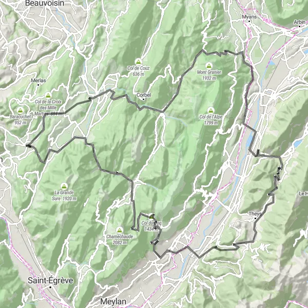 Zemljevid v pomanjšavi "Poteza okoli Saint-Étienne-de-Crossey" kolesarske inspiracije v Rhône-Alpes, France. Generirano z načrtovalcem kolesarskih poti Tarmacs.app