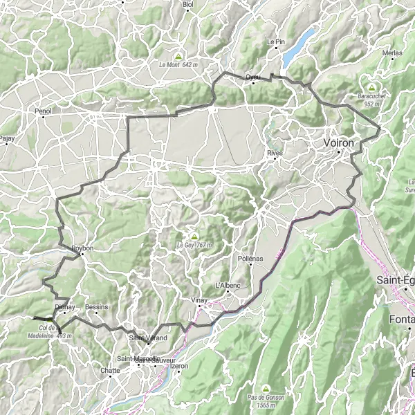 Miniature de la carte de l'inspiration cycliste "Boucle de Saint-Étienne-de-Crossey" dans la Rhône-Alpes, France. Générée par le planificateur d'itinéraire cycliste Tarmacs.app