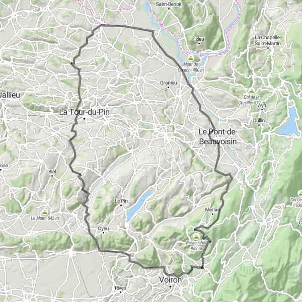 Miniaturní mapa "Z Saint-Étienne-de-Crossey na Les Vachonnes" inspirace pro cyklisty v oblasti Rhône-Alpes, France. Vytvořeno pomocí plánovače tras Tarmacs.app