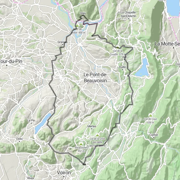 Miniatua del mapa de inspiración ciclista "Ruta de ciclismo en carretera cerca de Saint-Étienne-de-Crossey" en Rhône-Alpes, France. Generado por Tarmacs.app planificador de rutas ciclistas