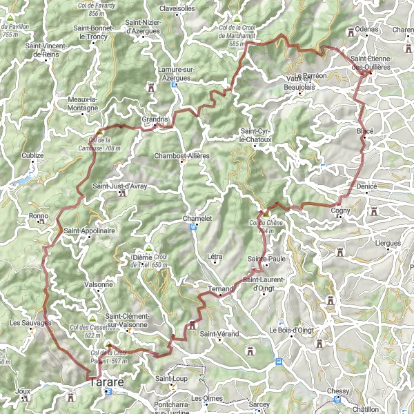 Kartminiatyr av "Grusvägscykling till Saint-Étienne-la-Varenne via Château de la Garde" cykelinspiration i Rhône-Alpes, France. Genererad av Tarmacs.app cykelruttplanerare