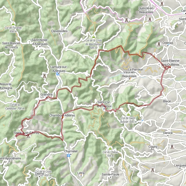 Map miniature of "Backroads Gravel Adventure" cycling inspiration in Rhône-Alpes, France. Generated by Tarmacs.app cycling route planner