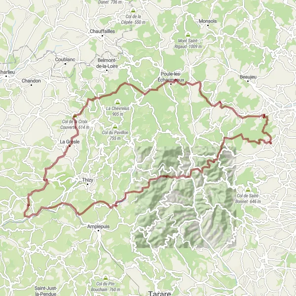 Miniature de la carte de l'inspiration cycliste "L'Épopée Gravel des Monts du Lyonnais" dans la Rhône-Alpes, France. Générée par le planificateur d'itinéraire cycliste Tarmacs.app