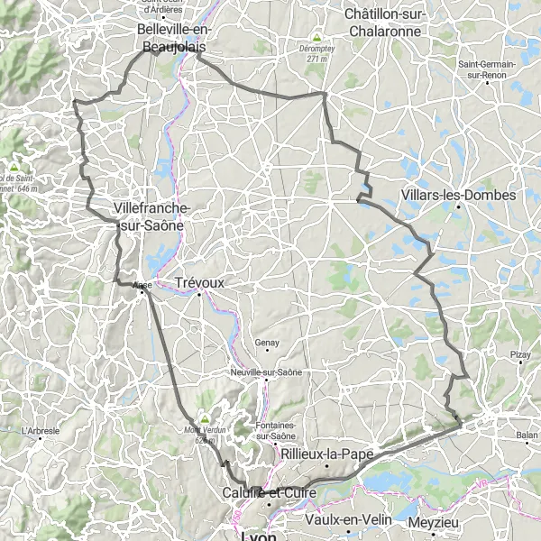 Miniatura della mappa di ispirazione al ciclismo "Percorso panoramico attraverso i villaggi del Beaujolais" nella regione di Rhône-Alpes, France. Generata da Tarmacs.app, pianificatore di rotte ciclistiche