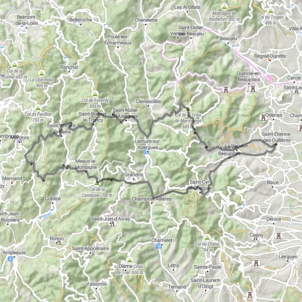Miniatura mapy "Trasa w kierunku południowo-zachodnim przez Vaux-en-Beaujolais i Le Perréon" - trasy rowerowej w Rhône-Alpes, France. Wygenerowane przez planer tras rowerowych Tarmacs.app