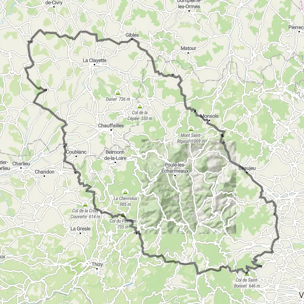 Miniature de la carte de l'inspiration cycliste "Tour du Beaujolais" dans la Rhône-Alpes, France. Générée par le planificateur d'itinéraire cycliste Tarmacs.app