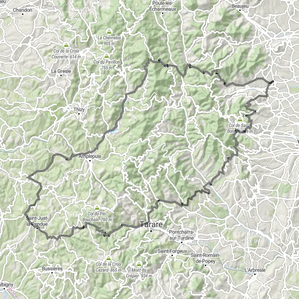 Miniatura della mappa di ispirazione al ciclismo "Giro in bicicletta da Saint-Étienne-des-Oullières" nella regione di Rhône-Alpes, France. Generata da Tarmacs.app, pianificatore di rotte ciclistiche