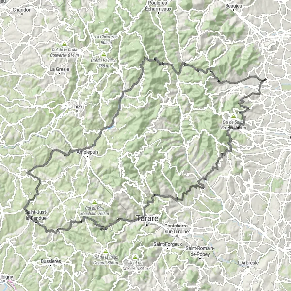 Mapa miniatúra "Cestná cyklotrasa s panoramatickými výhľadmi okolo Saint-Étienne-des-Oullières" cyklistická inšpirácia v Rhône-Alpes, France. Vygenerované cyklistickým plánovačom trás Tarmacs.app