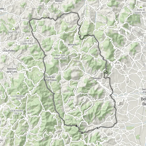 Map miniature of "The Beaujolais Challenge" cycling inspiration in Rhône-Alpes, France. Generated by Tarmacs.app cycling route planner