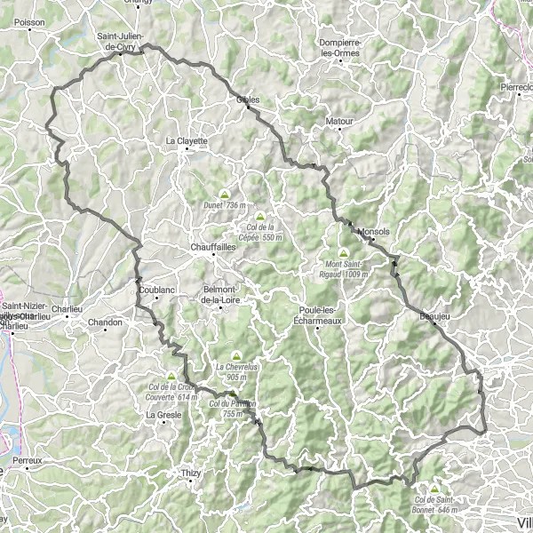 Zemljevid v pomanjšavi "Razgibana pot okoli Rhône-Alpes" kolesarske inspiracije v Rhône-Alpes, France. Generirano z načrtovalcem kolesarskih poti Tarmacs.app