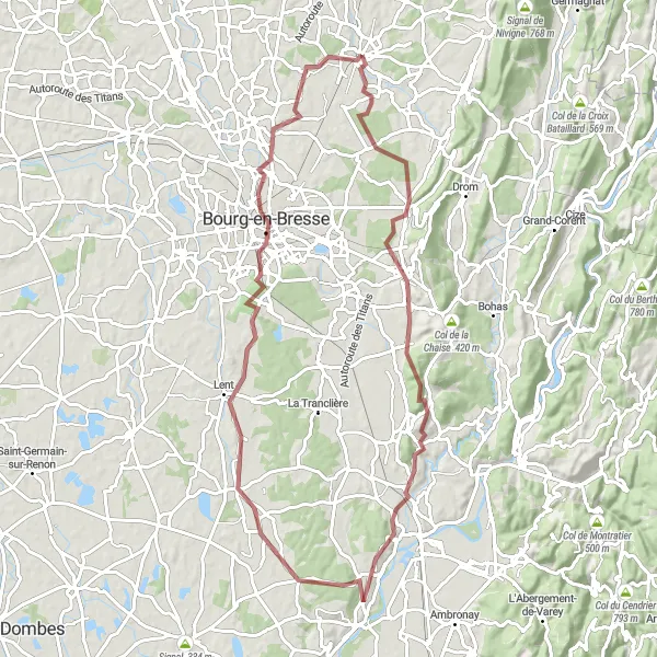 Mapa miniatúra "Zábavná gravel cesta okolo Bourg-en-Bresse" cyklistická inšpirácia v Rhône-Alpes, France. Vygenerované cyklistickým plánovačom trás Tarmacs.app