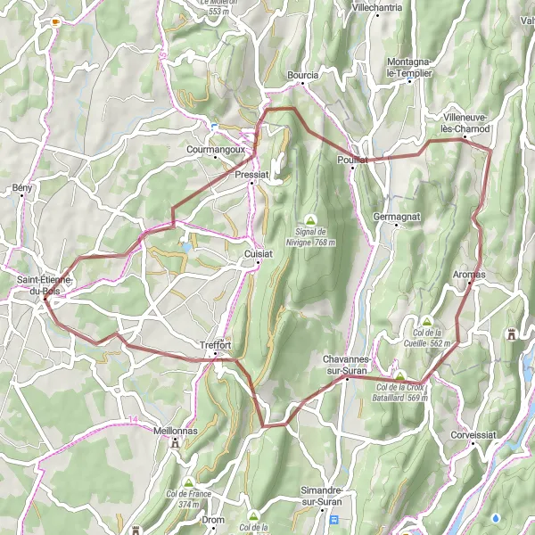Map miniature of "Exploring Courmangoux and Chavannes-sur-Suran Gravel Route" cycling inspiration in Rhône-Alpes, France. Generated by Tarmacs.app cycling route planner