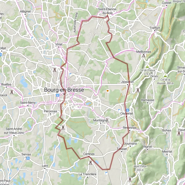 Map miniature of "Jasseron and Bourg-en-Bresse Gravel Adventure" cycling inspiration in Rhône-Alpes, France. Generated by Tarmacs.app cycling route planner