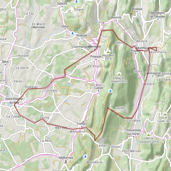 Mapa miniatúra "Adrenalínová gravelová trasa cez Pressiat, Germagnat, Château de Treffort a Saint-Étienne-du-Bois" cyklistická inšpirácia v Rhône-Alpes, France. Vygenerované cyklistickým plánovačom trás Tarmacs.app