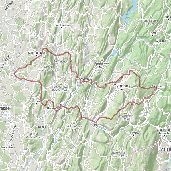 Miniature de la carte de l'inspiration cycliste "Excursion Gravel dans l'Ain" dans la Rhône-Alpes, France. Générée par le planificateur d'itinéraire cycliste Tarmacs.app