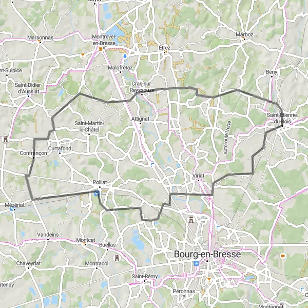 Zemljevid v pomanjšavi "Cestna doživetja okoli Viriata" kolesarske inspiracije v Rhône-Alpes, France. Generirano z načrtovalcem kolesarskih poti Tarmacs.app