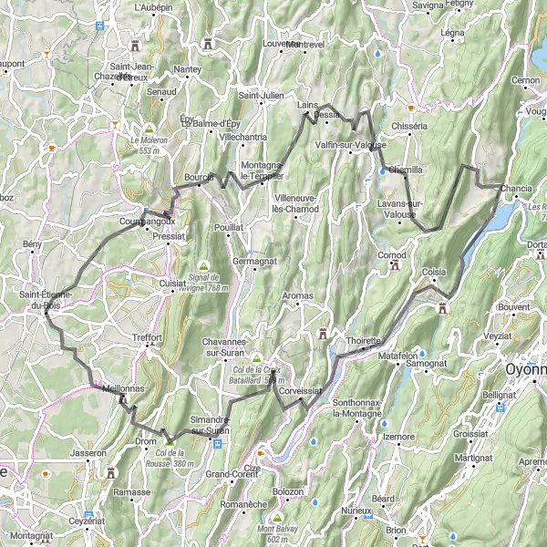 Map miniature of "Explore Courmangoux and Vescles on a Challenging Road Route" cycling inspiration in Rhône-Alpes, France. Generated by Tarmacs.app cycling route planner