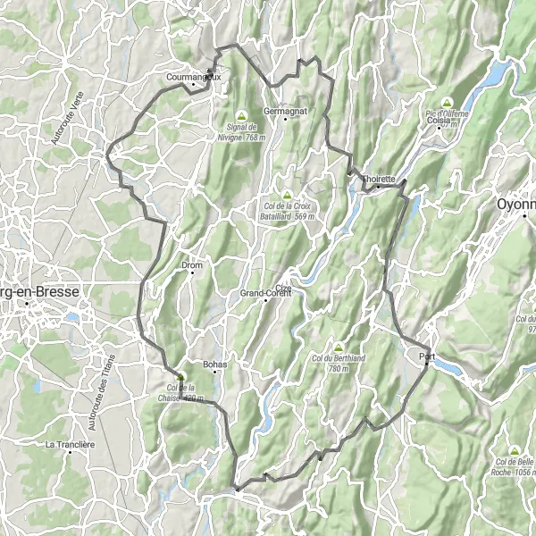 Miniatua del mapa de inspiración ciclista "Ruta de Pressiat a Jasseron" en Rhône-Alpes, France. Generado por Tarmacs.app planificador de rutas ciclistas