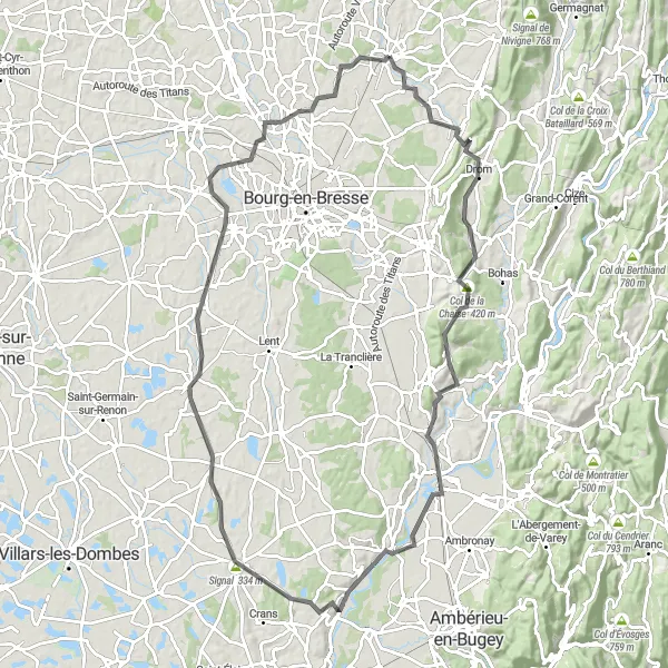Miniatura della mappa di ispirazione al ciclismo "Tour in bicicletta per esplorare la Bellezza Naturale" nella regione di Rhône-Alpes, France. Generata da Tarmacs.app, pianificatore di rotte ciclistiche