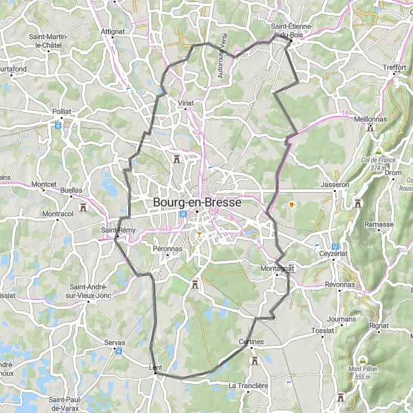 Miniaturní mapa "Road cycling through Montaplan and Montagnat" inspirace pro cyklisty v oblasti Rhône-Alpes, France. Vytvořeno pomocí plánovače tras Tarmacs.app
