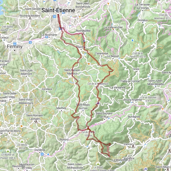 Miniature de la carte de l'inspiration cycliste "Défi Gravel à travers les Monts du Pilat" dans la Rhône-Alpes, France. Générée par le planificateur d'itinéraire cycliste Tarmacs.app
