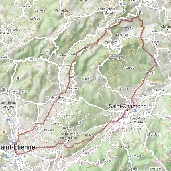 Miniature de la carte de l'inspiration cycliste "Boucle Gravel à travers les Monts du Forez" dans la Rhône-Alpes, France. Générée par le planificateur d'itinéraire cycliste Tarmacs.app