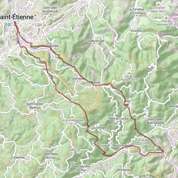 Miniature de la carte de l'inspiration cycliste "Le Circuit des Montagnes du Pilat en Gravel" dans la Rhône-Alpes, France. Générée par le planificateur d'itinéraire cycliste Tarmacs.app