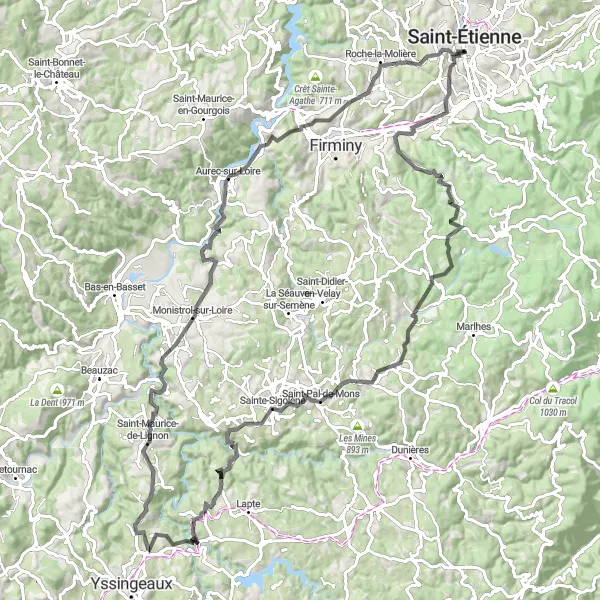 Miniature de la carte de l'inspiration cycliste "Parcours des Monts du Pilat" dans la Rhône-Alpes, France. Générée par le planificateur d'itinéraire cycliste Tarmacs.app