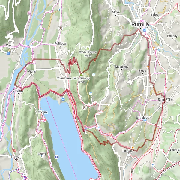 Zemljevid v pomanjšavi "Gravel Kolesarska Pot skozi Chanaz in Chindrieux" kolesarske inspiracije v Rhône-Alpes, France. Generirano z načrtovalcem kolesarskih poti Tarmacs.app