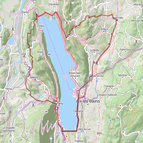 Mapa miniatúra "Gravelová cesta okolo Saint-Félix" cyklistická inšpirácia v Rhône-Alpes, France. Vygenerované cyklistickým plánovačom trás Tarmacs.app