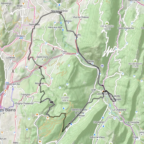 Karttaminiaatyyri "Pyöräilyreitti kohti Château de Montponia" pyöräilyinspiraatiosta alueella Rhône-Alpes, France. Luotu Tarmacs.app pyöräilyreittisuunnittelijalla